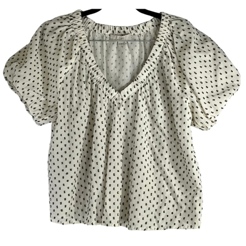 Loft Cream Smocked V-Neck Puff Sleeve Green Raised Dot Blouse Size S